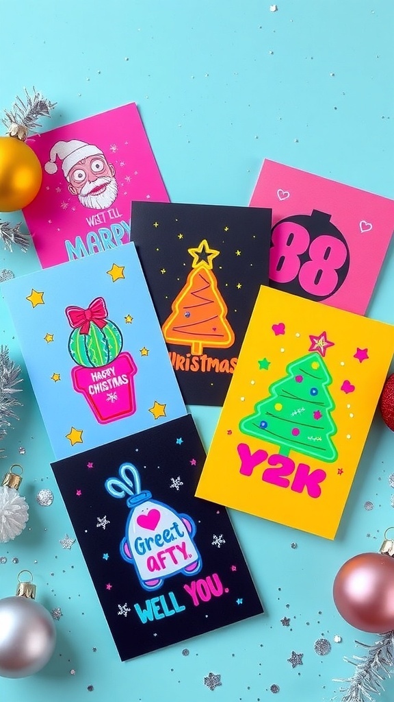 A vibrant assortment of Y2K themed Christmas cards with neon colors and retro designs.